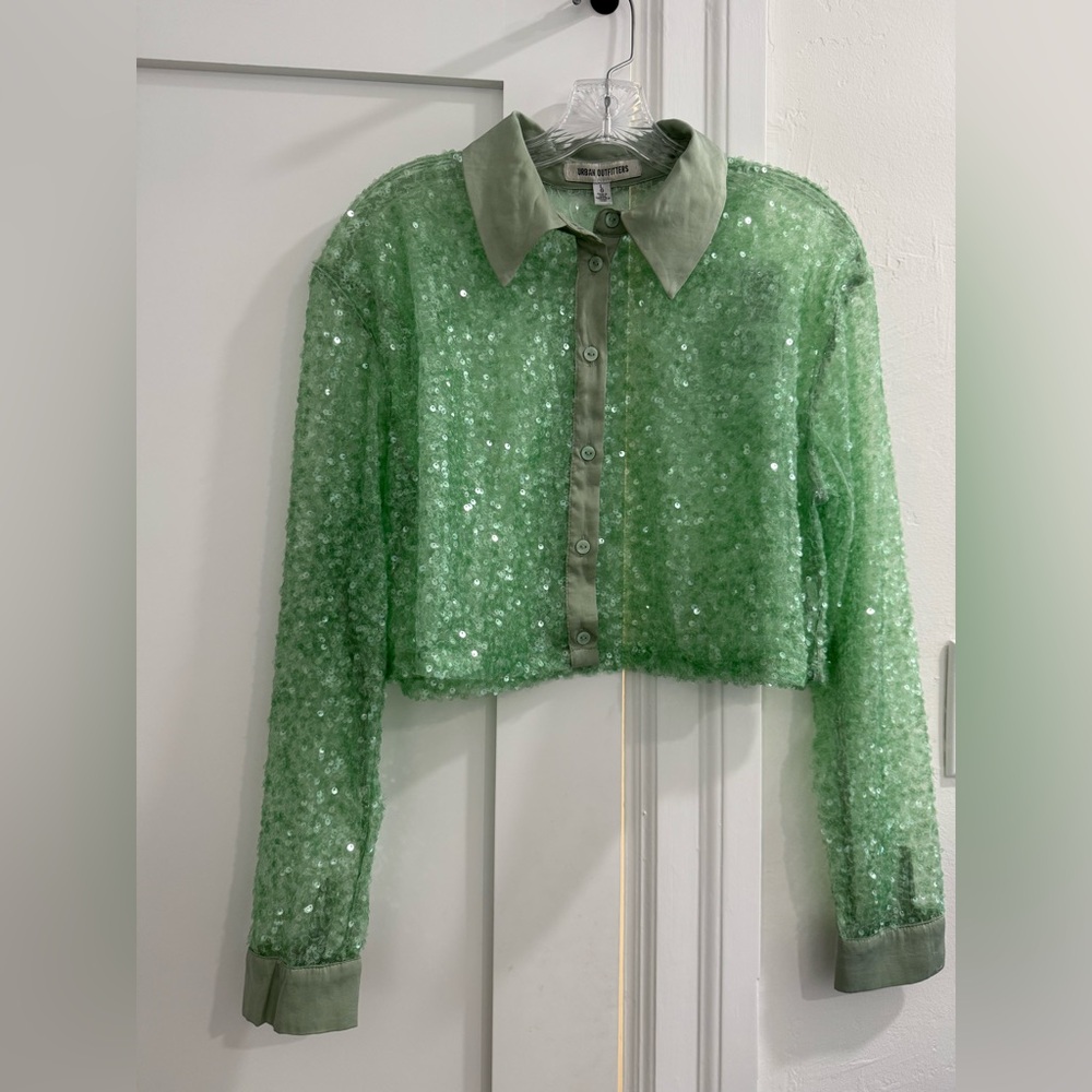 Urban Outfitters green mesh sequin long sleeve button down crop top